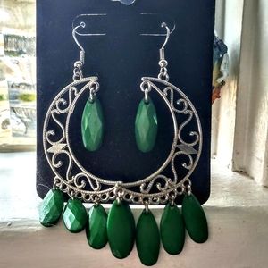 Crescent Moon Green Beaded Dangle Earrings